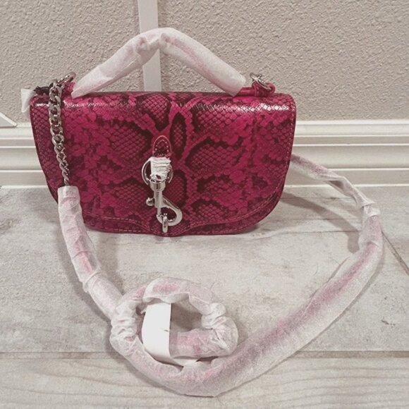 REBECCA MINKOFF Megan Half Moon Snake Embossed Pink Leather Crossbody Bag NEW - Picture 1 of 3